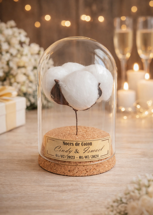 Cadeau noces de coton - 1 an de mariage - cloche en verre