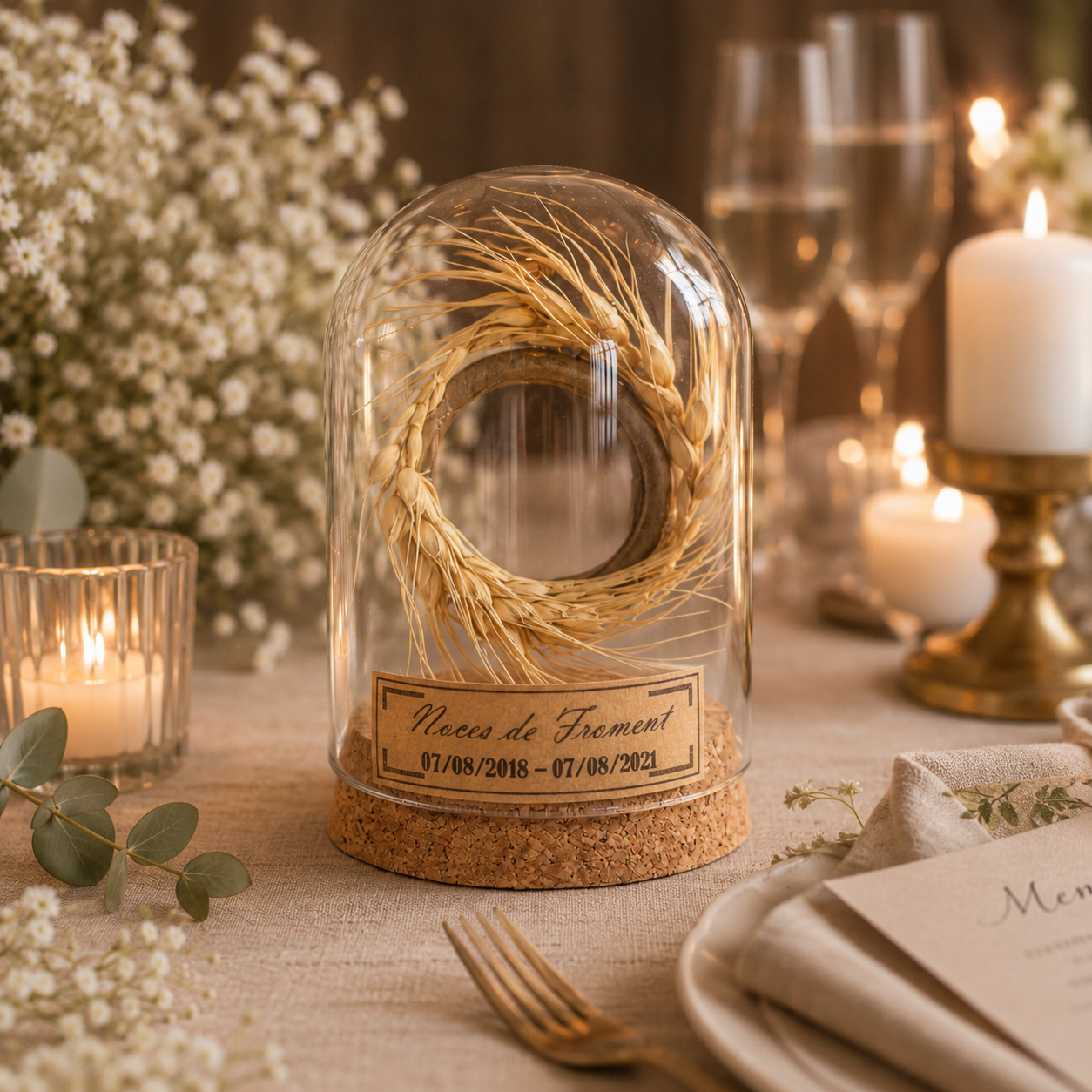 Cadeau noces de froment - 3 ans de mariage - Cloche en verre