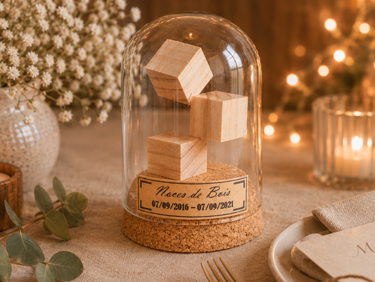Cadeau noces de bois - 5 ans de mariage - cloche en verre