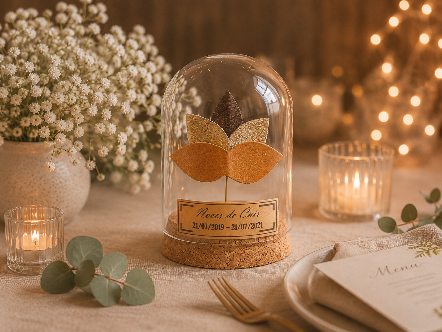 Cadeau noces de cuir - 2 ans de mariage - cloche en verre